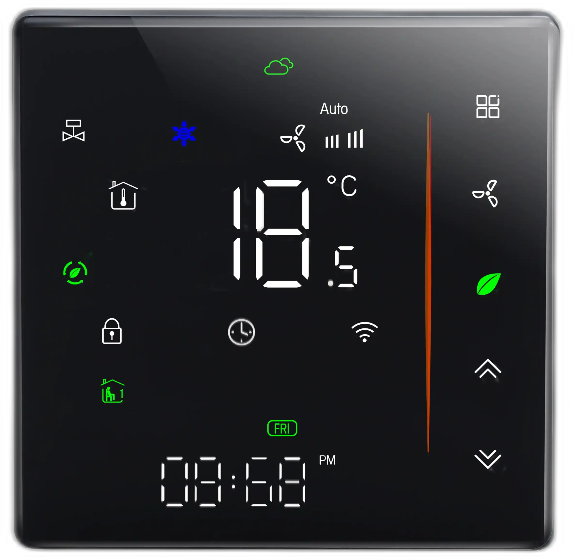 Akubela FanCoil Thermostat (24V Supply/4PIPE), LED/LCD touch control, Four-pipe fan coil, Zigbee Communication.